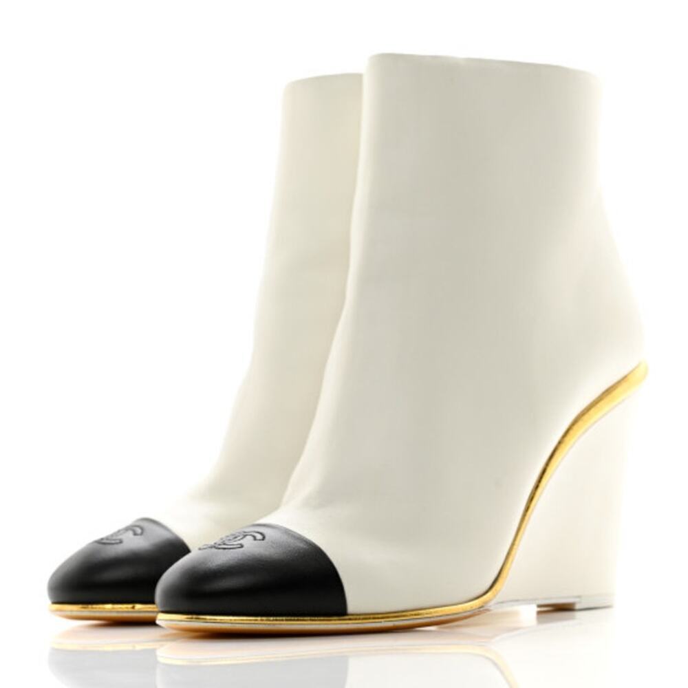 Chanel Black White Lambskin Cap Toe Wedge Ankle Boots 38.5 BNIB